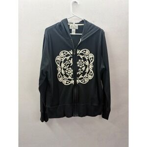 Sport Savvy Womens Black Full Zip Paisley Floral Graphic Hoodie Sweatshirt Large